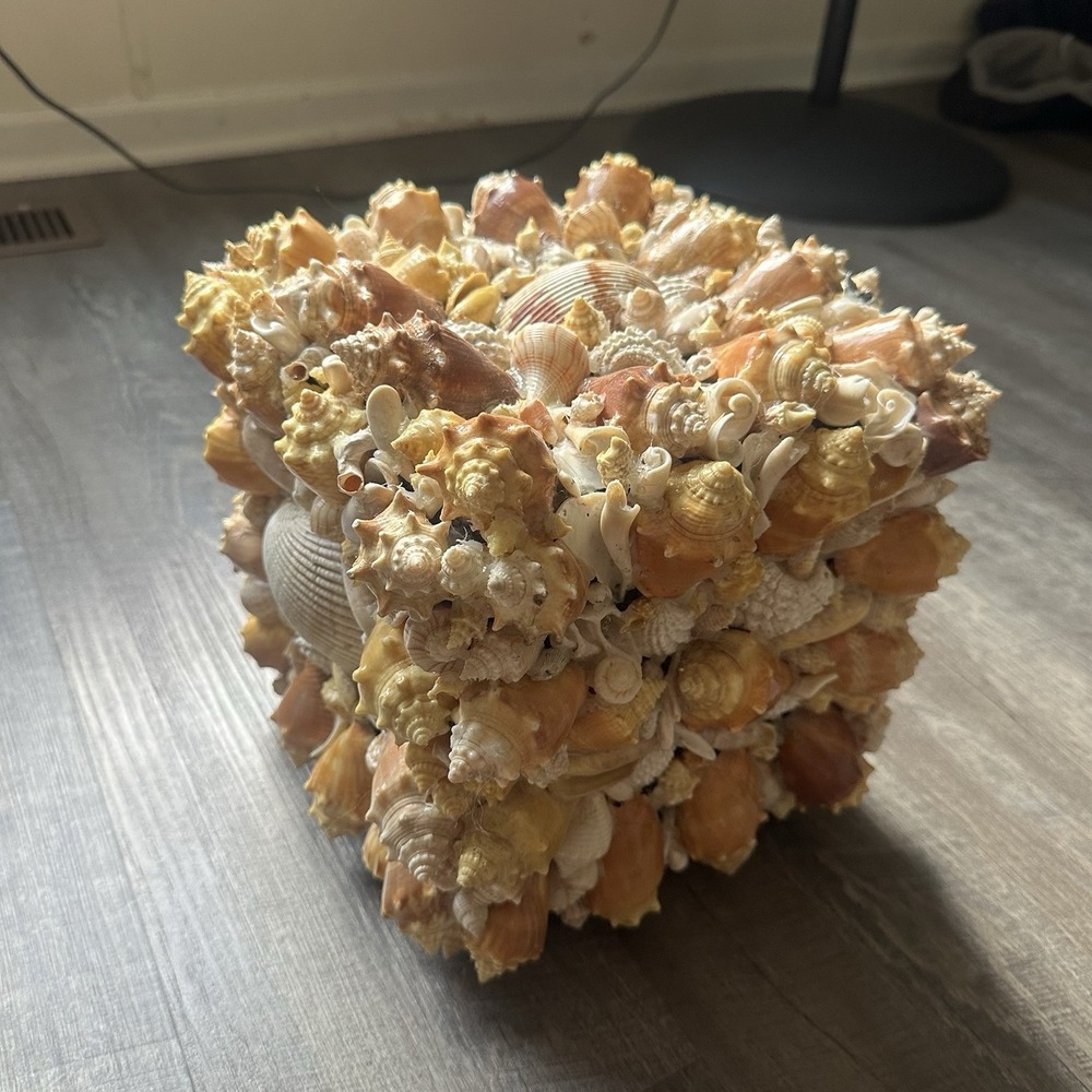 Vintage Seashell Encrusted Cube Sculpture Folk Art Coastal Beach Decor Figurine